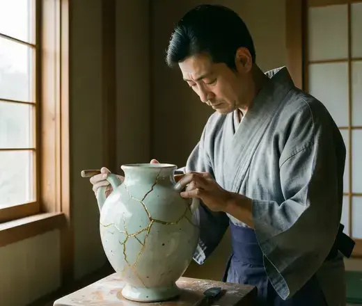 修復工房で金継ぎされる江戸時代のアンティーク花瓶