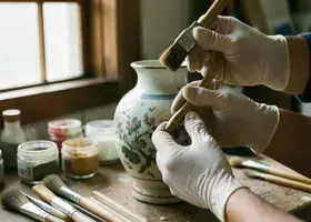 修復職人の手元、セーブルの筆で花瓶を扱う